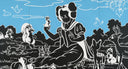 KAWS poster wall art featuring a black and white Snow White Companion figure with cartoon forest animals against a blue sky background