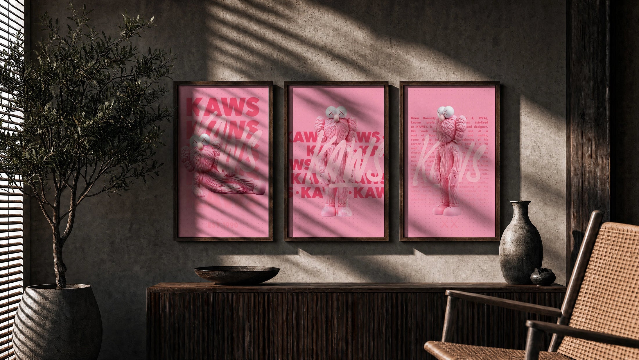Framed poster set of 3 in warm oak frames above a sideboard — the Haus of Prints framed collection