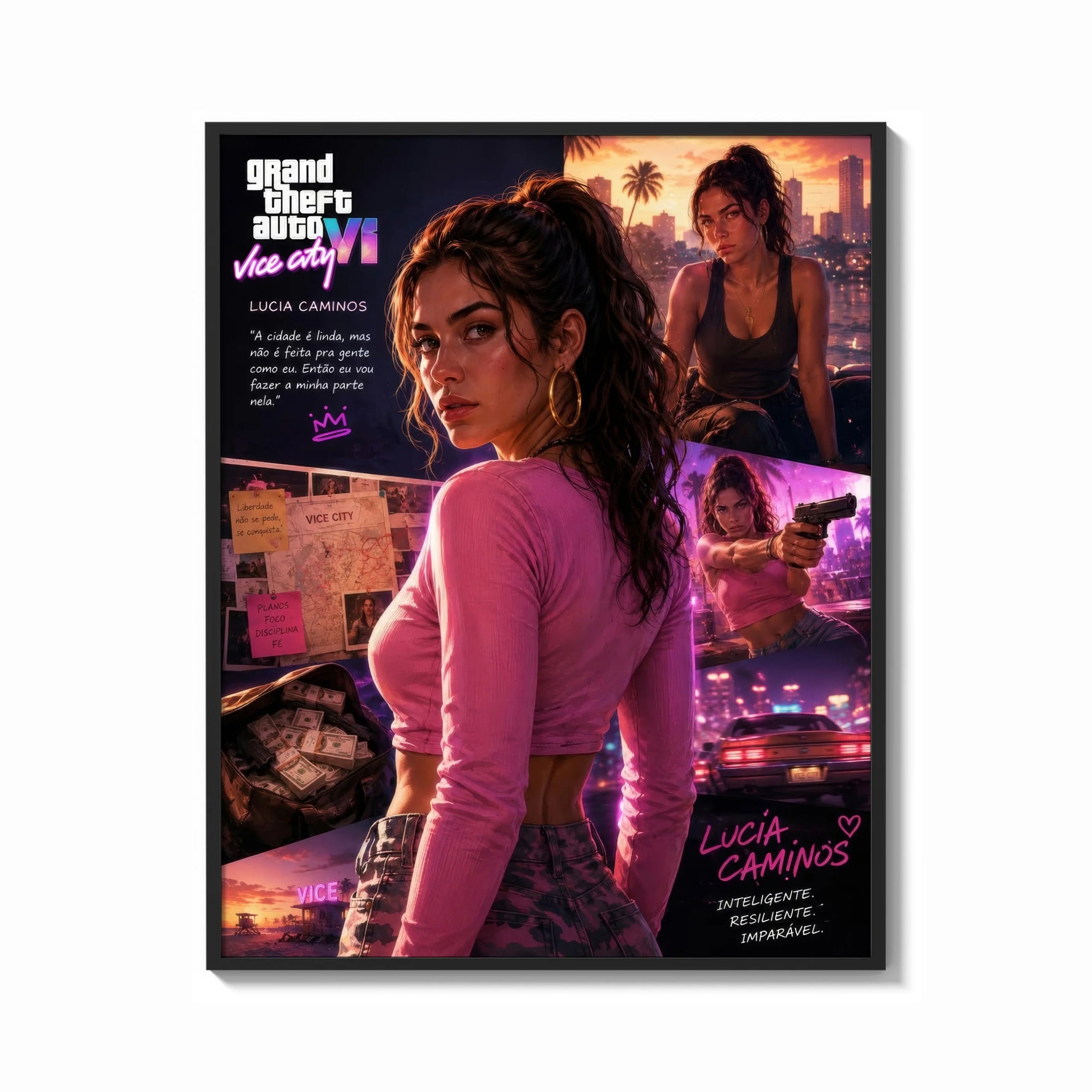 Gaming Posters & Wall Art — Framed Woman in pink top fan art print shown as a bold statement piece on a clean gallery wall