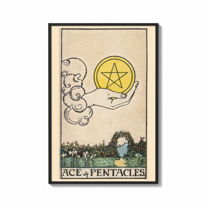Framed Ace of Pentacles print shown as a bold statement piece on a clean gallery wall