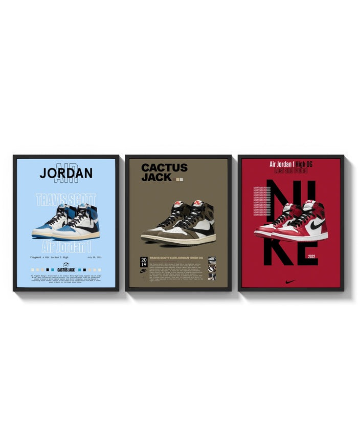 Air Jordan 1 High OG Poster Set triptych arranged on a bright gallery wall