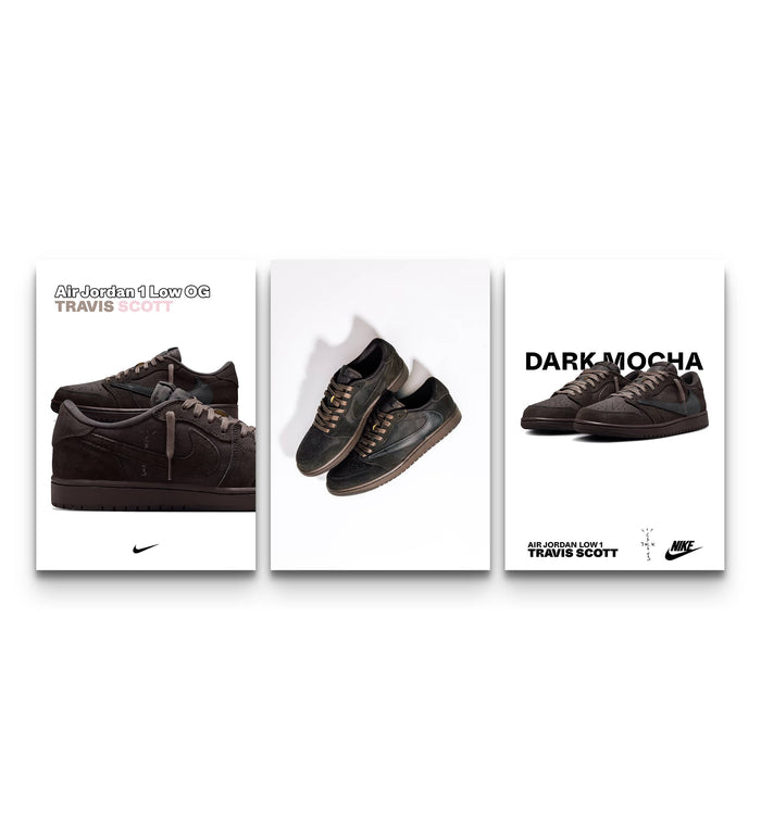 Three editorial Dark Mocha Air Jordan 1 Low Travis Scott sneaker prints arranged together as a matching set