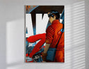 Red Akira Kaneda Jacket poster framed in white on a clean gallery wall