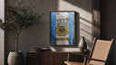 Argentina football national team crest jersey poster framed above a fluted sideboard beside an olive tree
