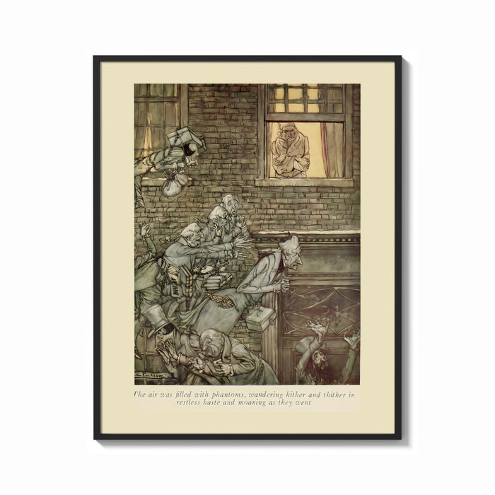 Framed Ghostly phantoms floating outside window print shown as a bold statement piece on a clean gallery wall