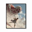 Framed anime soldier battling colossal titan print shown as a bold statement piece on a clean gallery wall