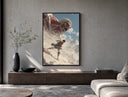 anime soldier battling colossal titan poster framed above a wood console in a concrete-wall living room