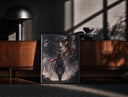 Black-framed Anime warrior with red scarf and titan print on a moody console with designer coffee-table books