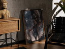 Walnut-framed Anime warrior with red scarf and titan print leaning against a sunlit rustic brick wall