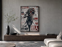 Female warrior with dual blades poster framed above a wood console in a concrete-wall living room