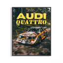 Black framed Audi rally poster with yellow Quattro typography over an S1 car on a forest road