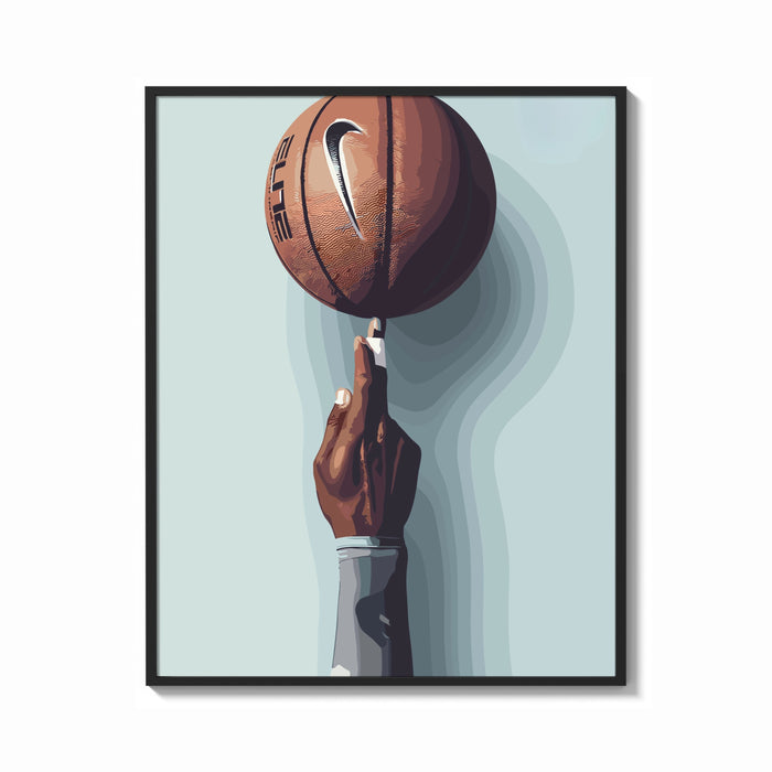 Framed Basketball Balanced on a Fingertip print shown as a bold statement piece on a clean gallery wall
