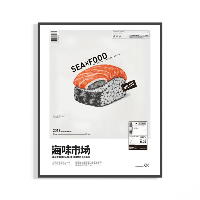 Black-framed SEAxFOOD Market Original Salmon Sushi poster with vivid orange nigiri artwork on a white wall