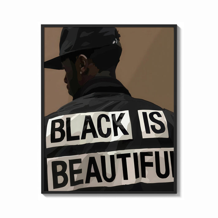 Framed Black Is Beautiful Cap print shown as a bold statement piece on a clean gallery wall