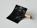 Black samurai dark armor poster with Japanese calligraphy resting on a cardboard shipping tube