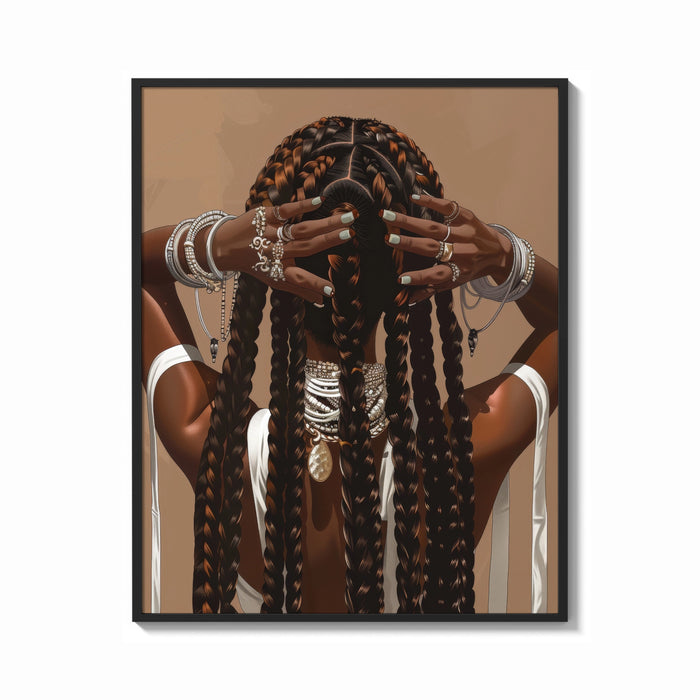 Framed Black Woman with Long Braids print shown as a bold statement piece on a clean gallery wall