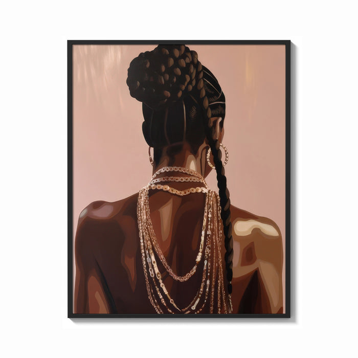 Framed Black Woman with a Braided Bun print shown as a bold statement piece on a clean gallery wall