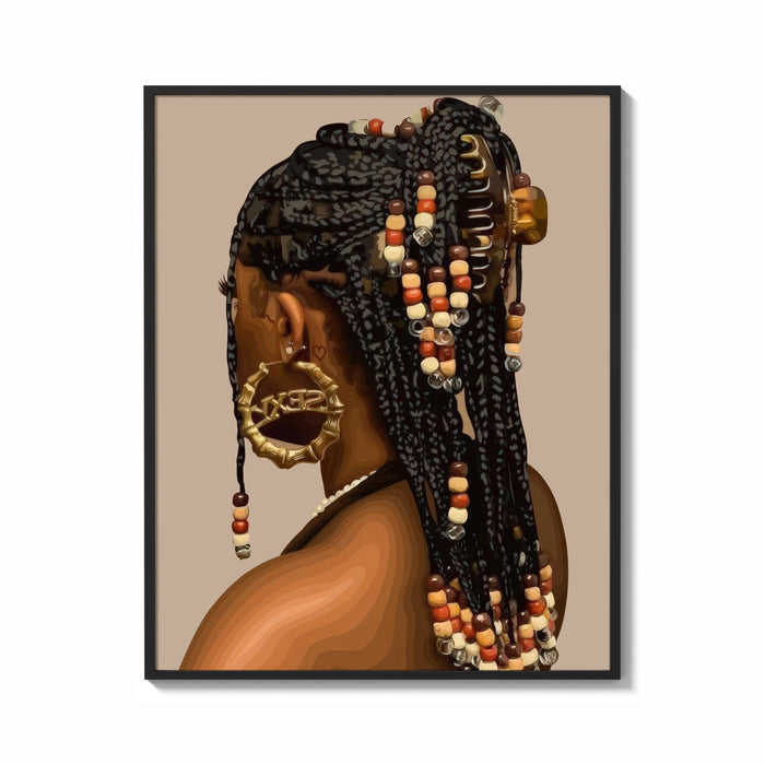 Framed Black Woman with Beaded Braids print shown as a bold statement piece on a clean gallery wall