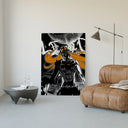horned masked warrior with orange hair poster framed in a luxury living-room setting