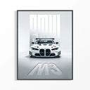 Framed BMW M3 GT Race print shown as a statement piece on a gallery wall
