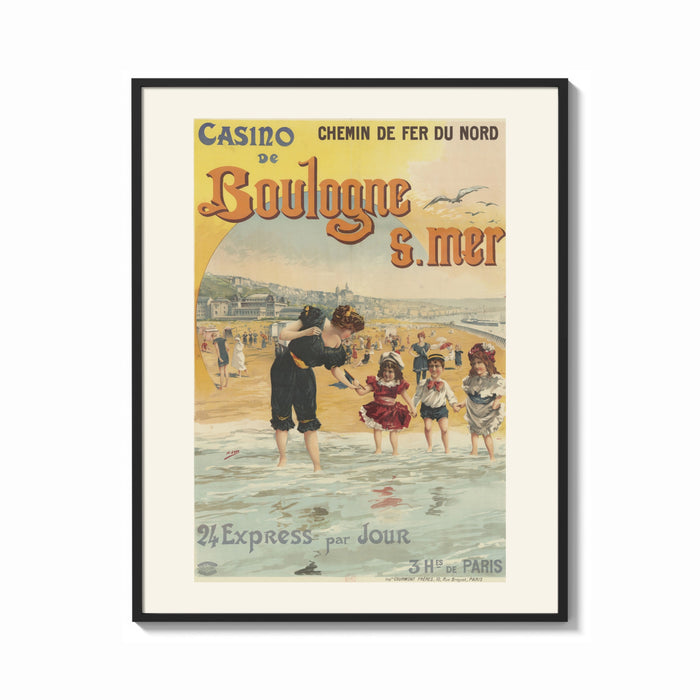 Framed woman and children wading at beach print shown as a bold statement piece on a clean gallery wall