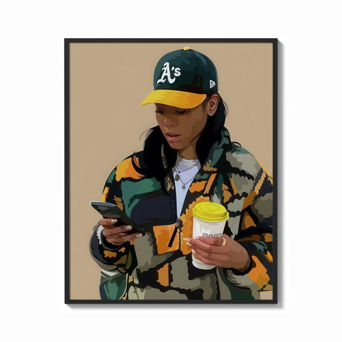 Framed Camo Jacket and Takeaway Drink print shown as a bold statement piece on a clean gallery wall