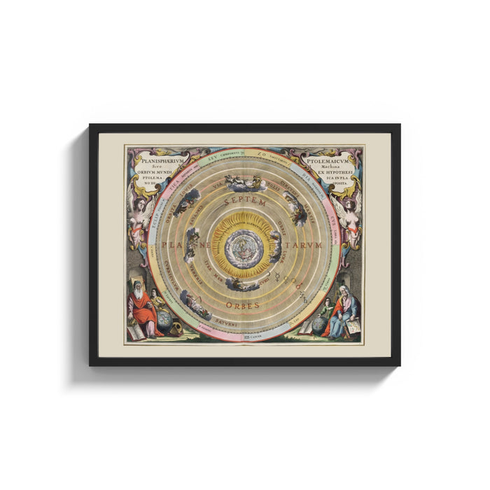 Framed Ptolemaic celestial map of universe print shown as a wide statement piece on a clean white wall