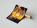 Charizard fire-type poster with dramatic blue wings and flames alongside a shipping tube
