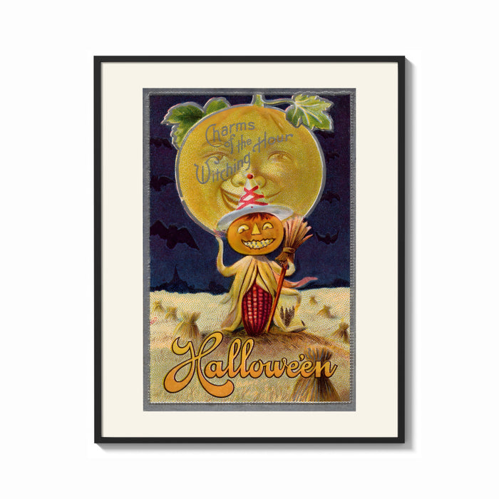 Framed Pumpkin-headed figure with harvest moon print shown as a bold statement piece on a clean gallery wall