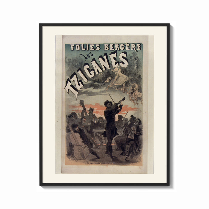 Framed Gypsy musicians playing violin print shown as a bold statement piece on a clean gallery wall