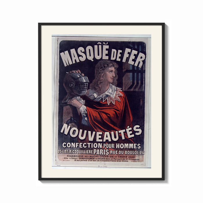 Framed Man in red cloak holding iron mask print shown as a bold statement piece on a clean gallery wall