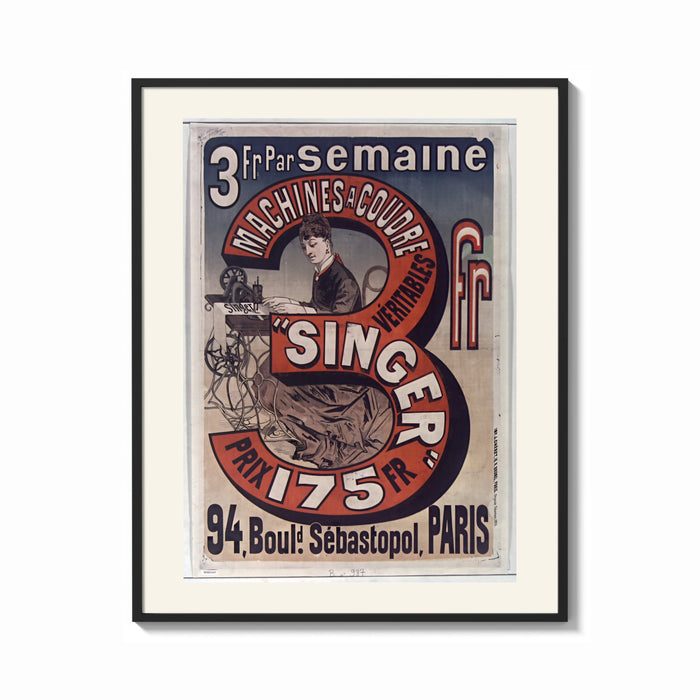 Framed Woman using Singer sewing machine print shown as a bold statement piece on a clean gallery wall