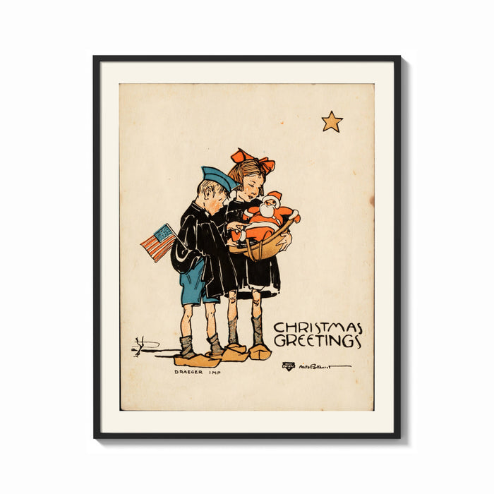 Framed Two children holding Santa doll print shown as a bold statement piece on a clean gallery wall