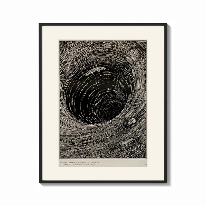Framed Boat caught in whirlpool vortex print shown as a bold statement piece on a clean gallery wall