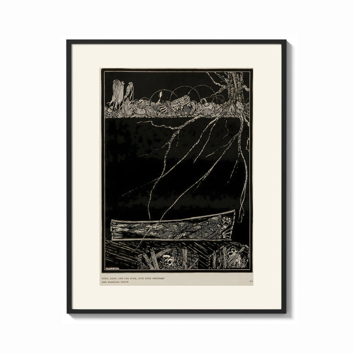 Framed Buried man in coffin underground print shown as a bold statement piece on a clean gallery wall