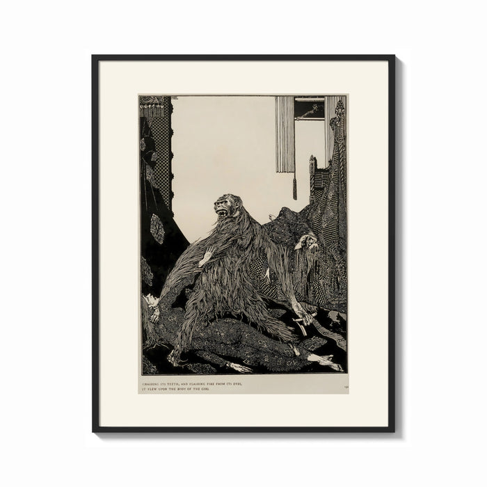 Framed Snarling ape attacking woman print shown as a bold statement piece on a clean gallery wall