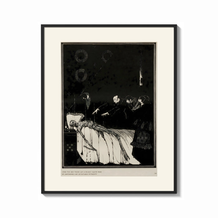 Framed Decaying corpse on bed with figures print shown as a bold statement piece on a clean gallery wall