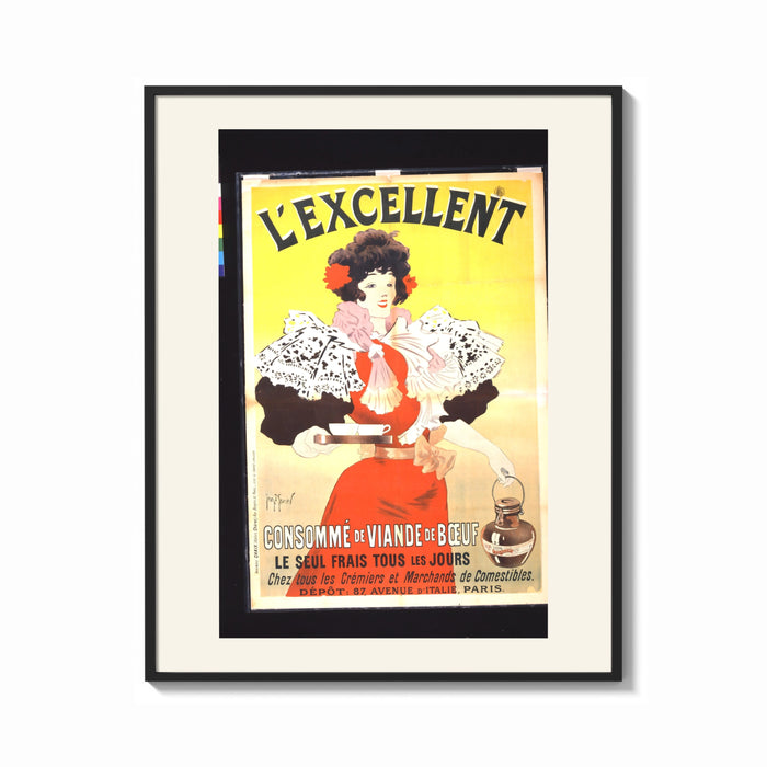 Framed Woman serving consomme with tray print shown as a bold statement piece on a clean gallery wall