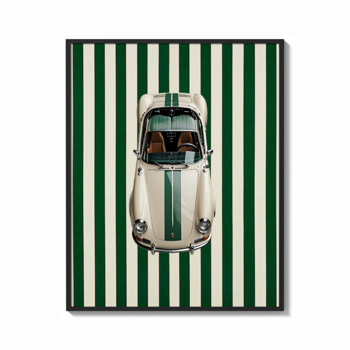 Framed 911 Targa Racing Stripes print shown as a bold statement piece on a clean gallery wall