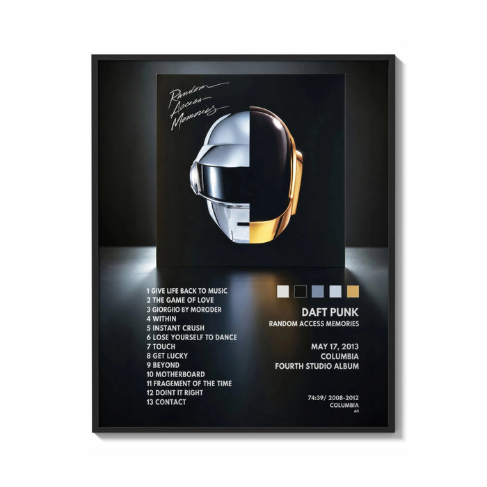 Framed Daft Punk Random Access Memories Helmets print shown as a statement piece on a gallery wall
