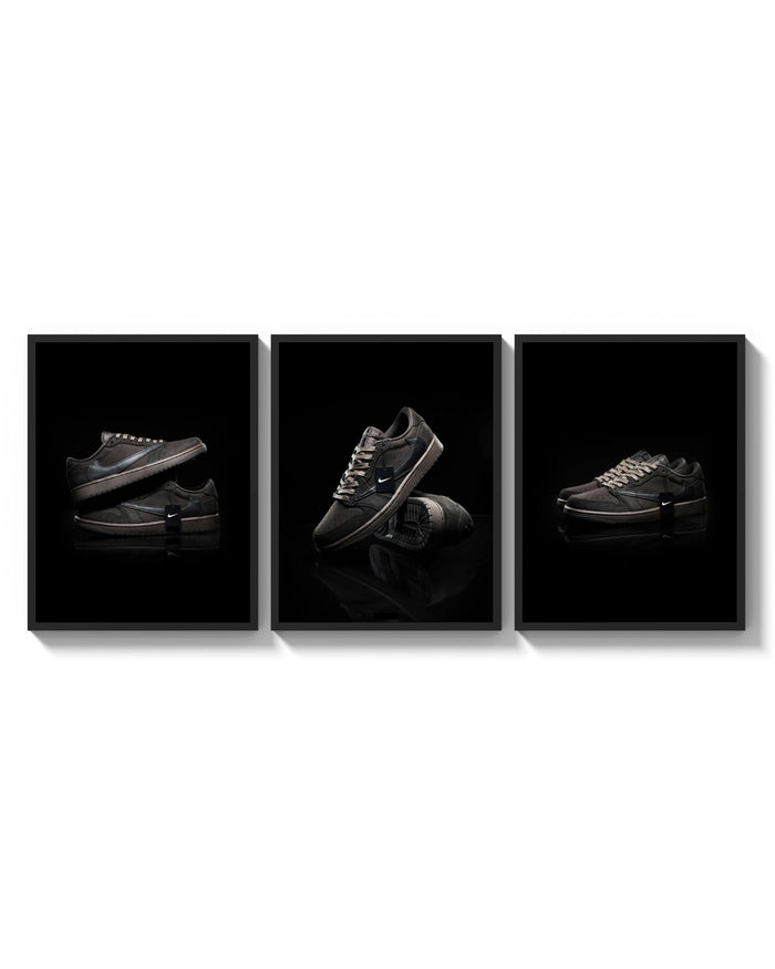 Dark Mocha Sneaker Poster Set triptych arranged on a bright gallery wall