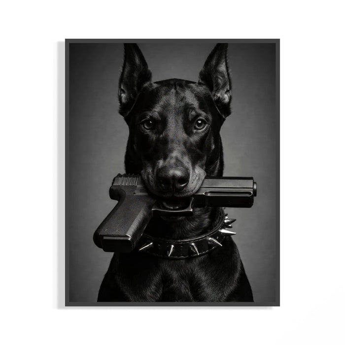Black and white framed art of a fierce Doberman gripping a pistol in its jaws with a spiked collar