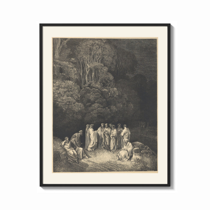Framed Gathering of robed classical poets print shown as a bold statement piece on a clean gallery wall