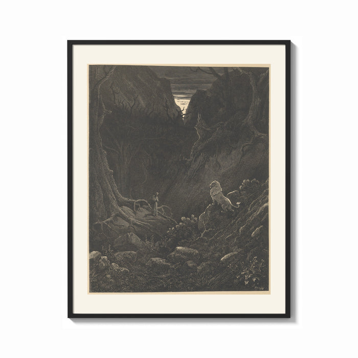 Framed Man facing lion in dark forest print shown as a bold statement piece on a clean gallery wall