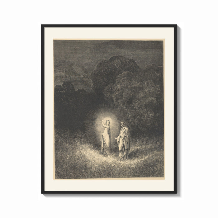Framed Glowing woman and robed figure print shown as a bold statement piece on a clean gallery wall