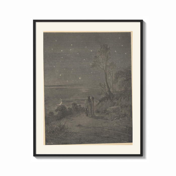 Framed Two robed figures under starry sky print shown as a bold statement piece on a clean gallery wall