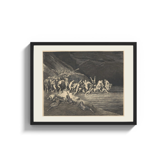 Framed Charon ferrying damned souls print shown as a wide statement piece on a clean white wall