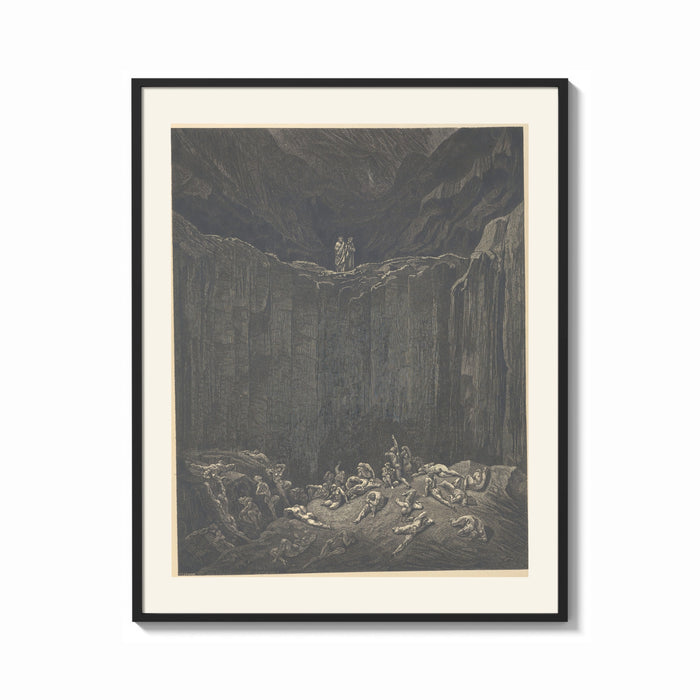Framed Two figures overlooking pit of souls print shown as a bold statement piece on a clean gallery wall