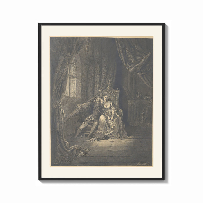 Framed Lovers embracing on ornate throne print shown as a bold statement piece on a clean gallery wall