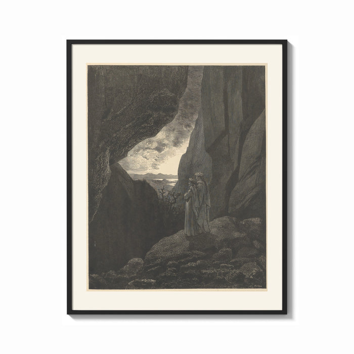 Framed Two robed figures in rocky gorge print shown as a bold statement piece on a clean gallery wall
